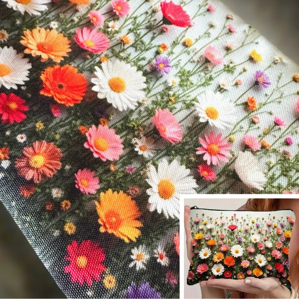 Vibrant 3D Floral Cosmetics Bag Zipper Travel Pouch